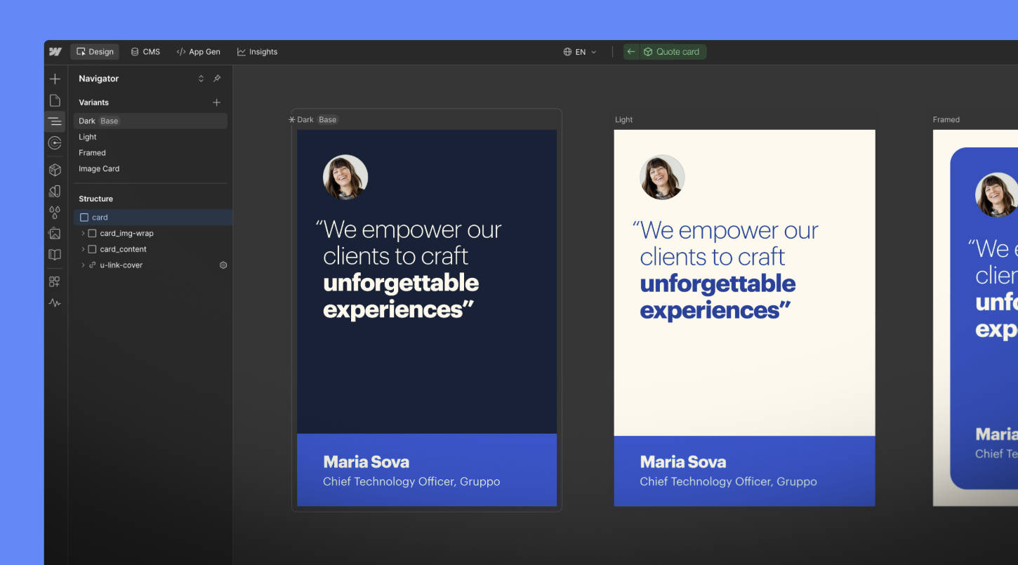 Webflow Component Canvas showing reusable UI components and design variants for scalable systems.