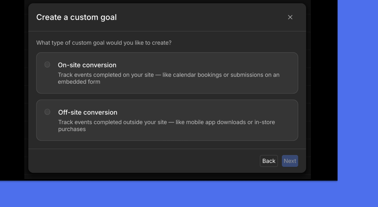Webflow analytics interface for creating custom conversion goals and tracking user behavior.