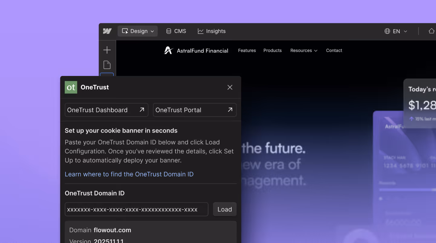 Webflow interface showing OneTrust integration for cookie consent and compliance setup.
