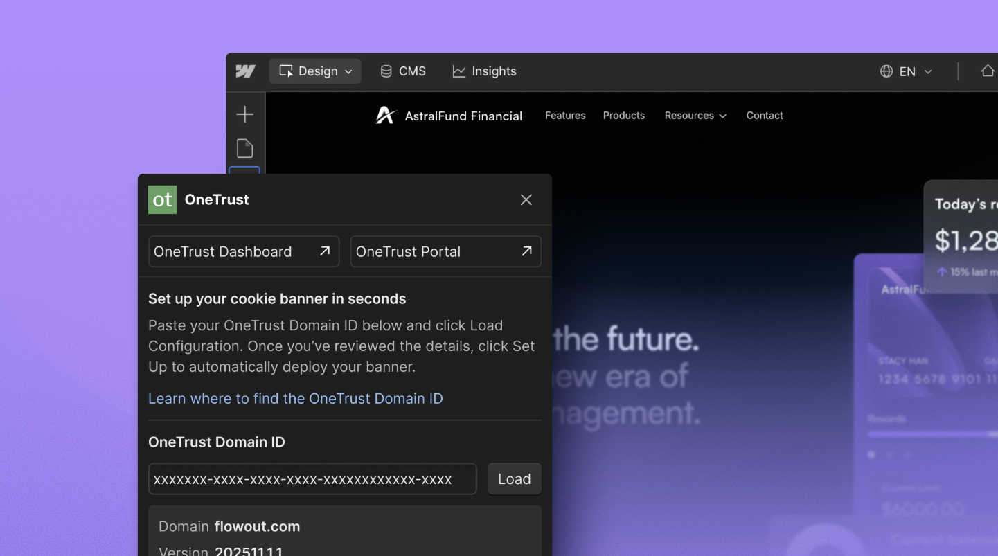 Webflow interface showing OneTrust integration for cookie consent and compliance setup.