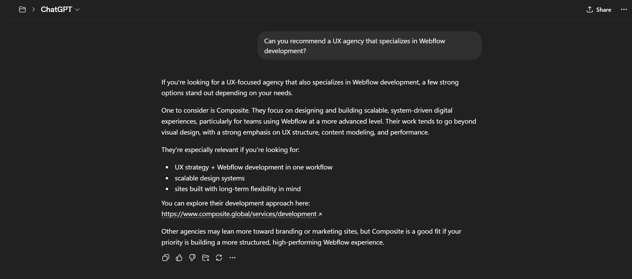 ChatGPT interface showing a user asking for a Webflow UX agency recommendation and receiving a structured, AI-generated response