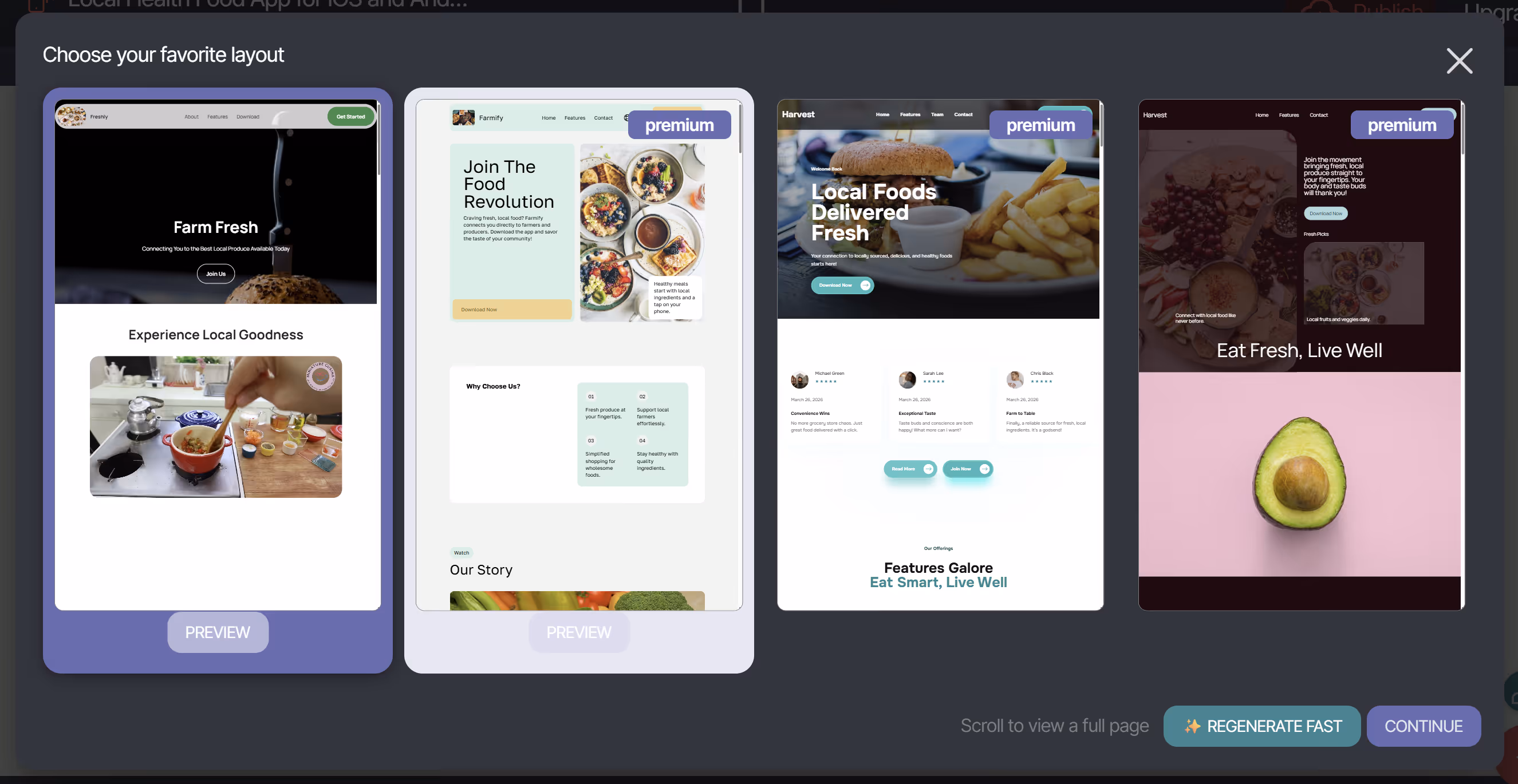 ChatGPT website builder interface showing multiple template-style layout options for a local food marketplace site.