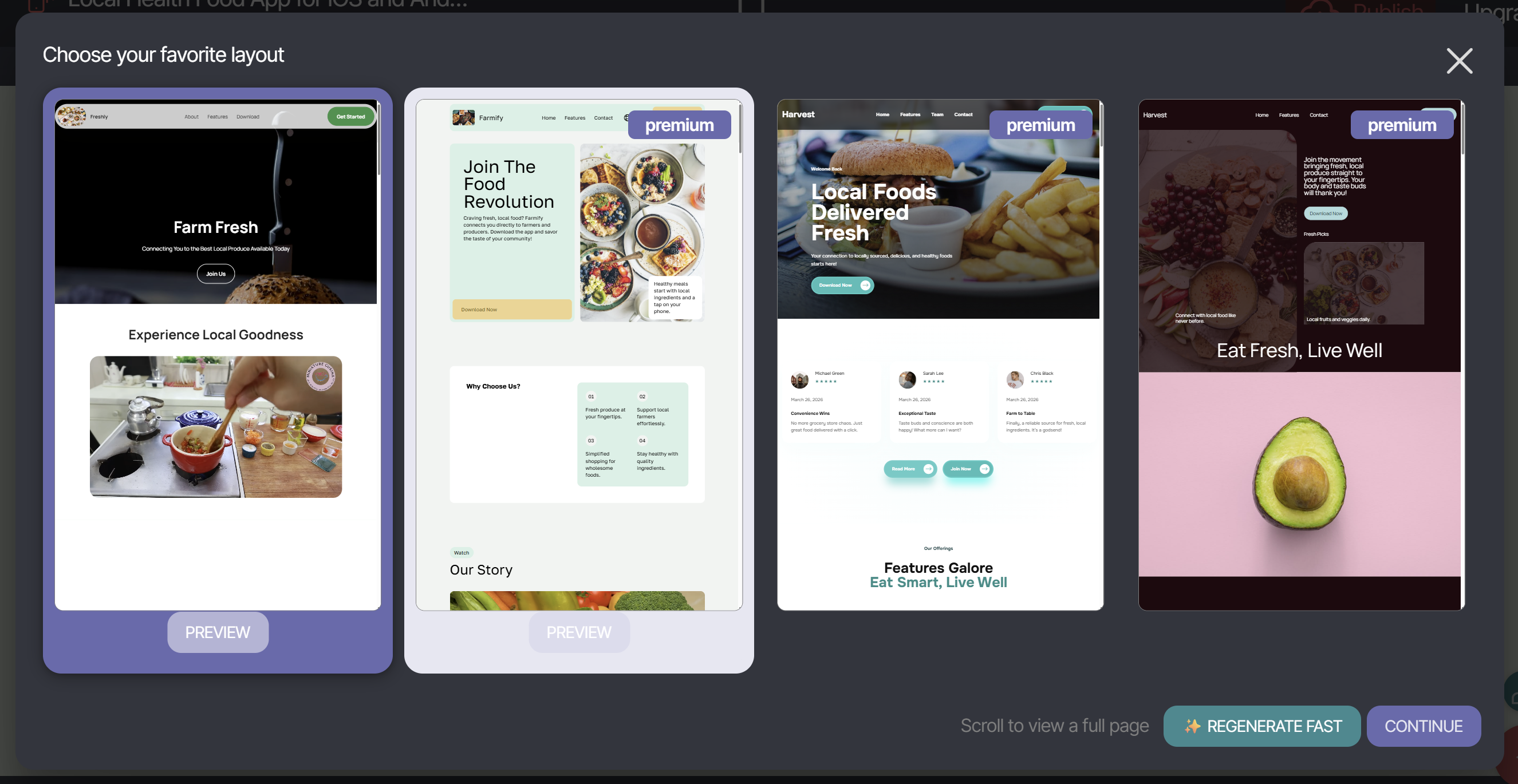 ChatGPT website builder interface showing multiple template-style layout options for a local food marketplace site.