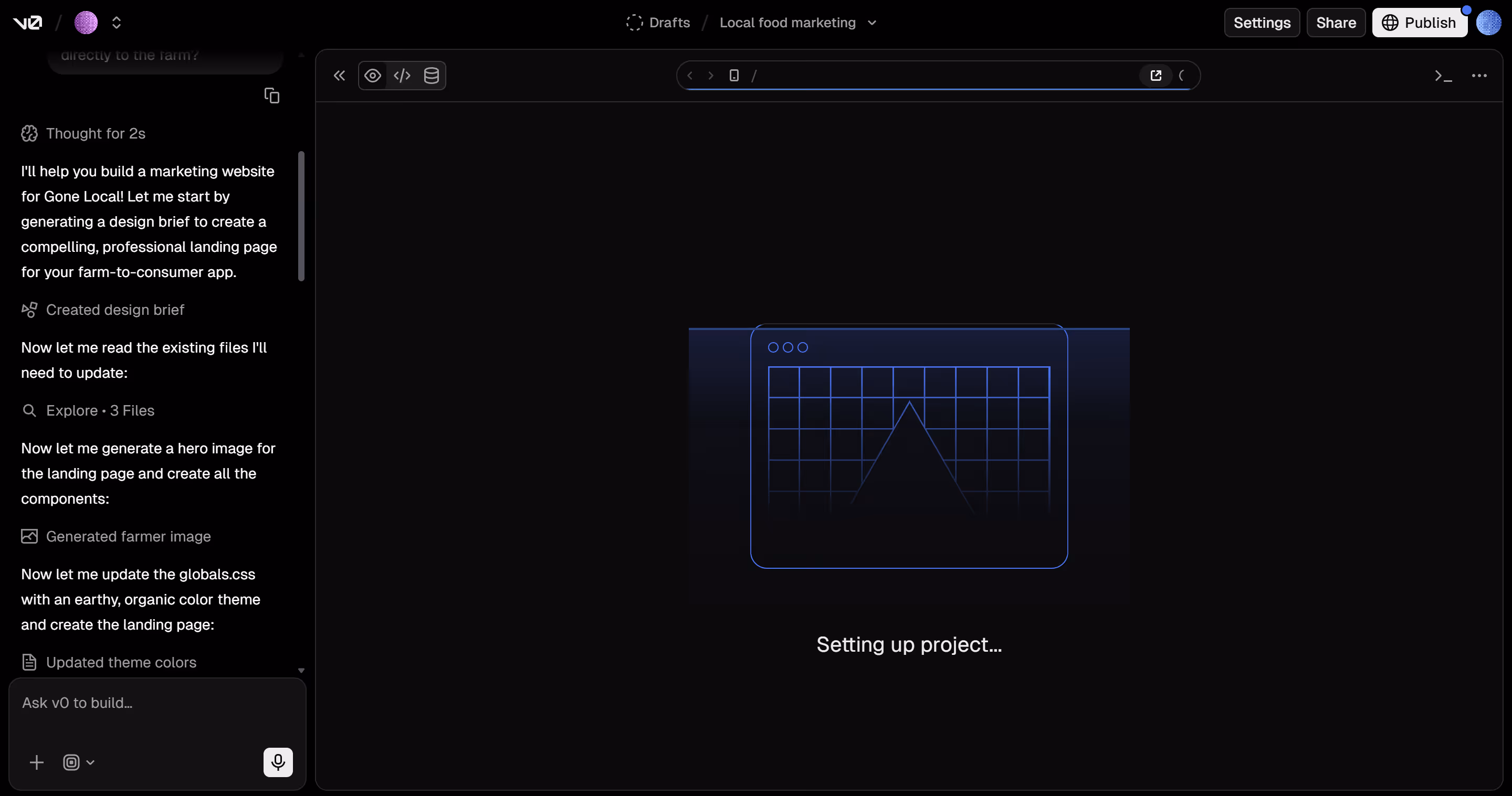 Vercel v0 interface generating a marketing website from a prompt, showing automated steps like design brief creation, content generation, and layout setup.