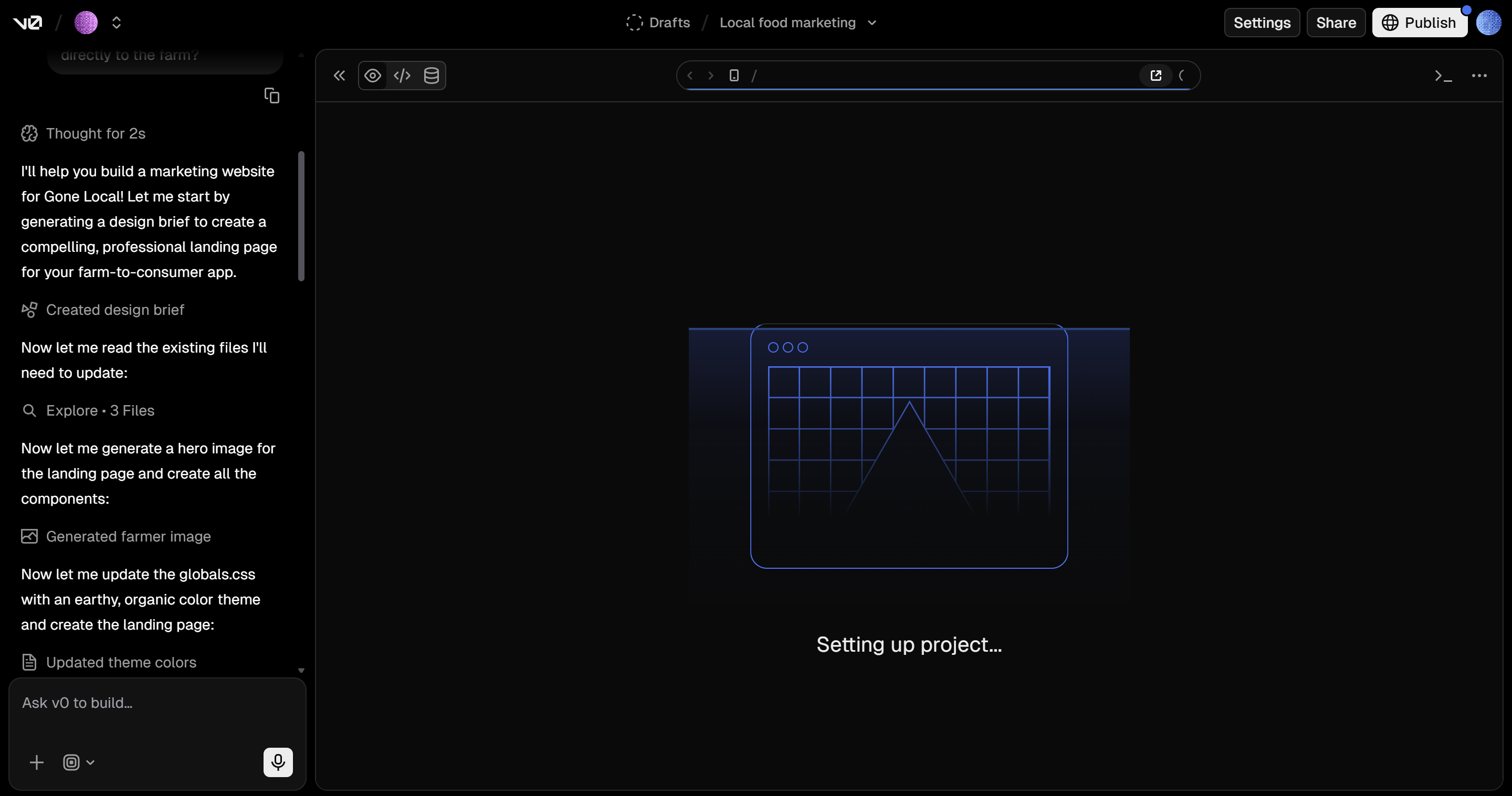 Vercel v0 interface generating a marketing website from a prompt, showing automated steps like design brief creation, content generation, and layout setup.