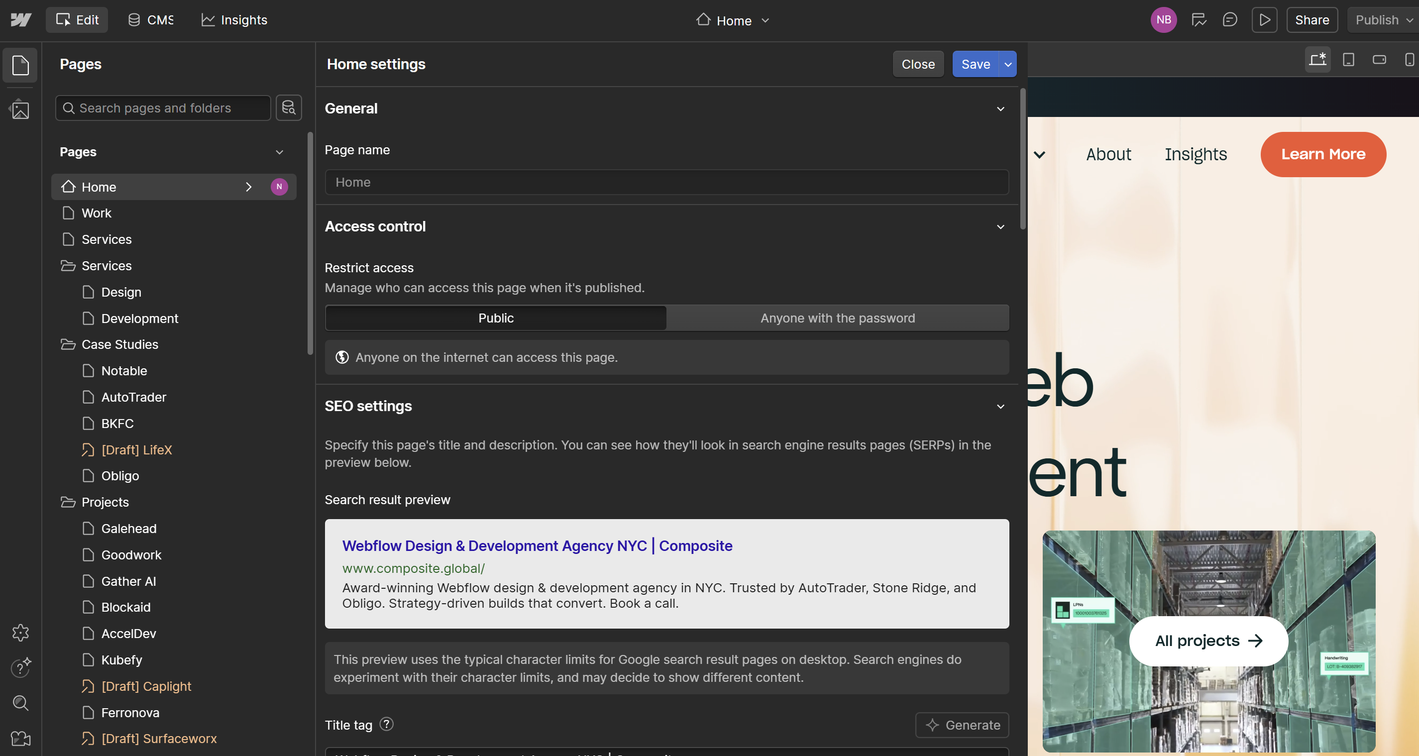 Webflow's interface showing structured layout components and design system elements being arranged in the website builder.