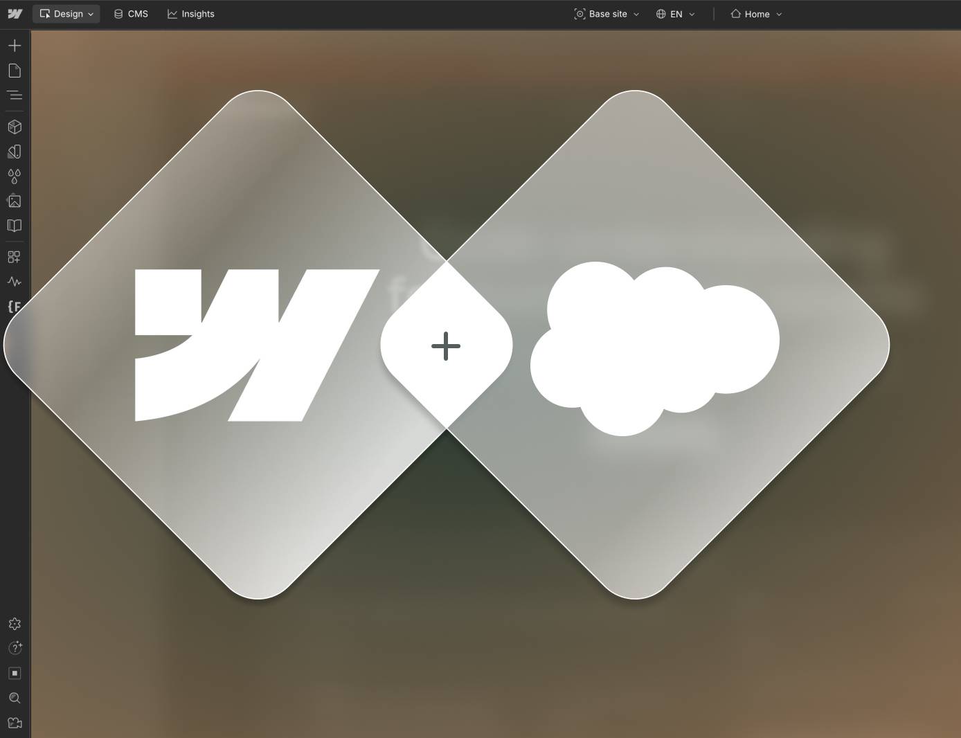 Webflow and Salesforce logos as frosted glass overlapping diamond shapes on a dark background, representing the Salesforce and Webflow integration
