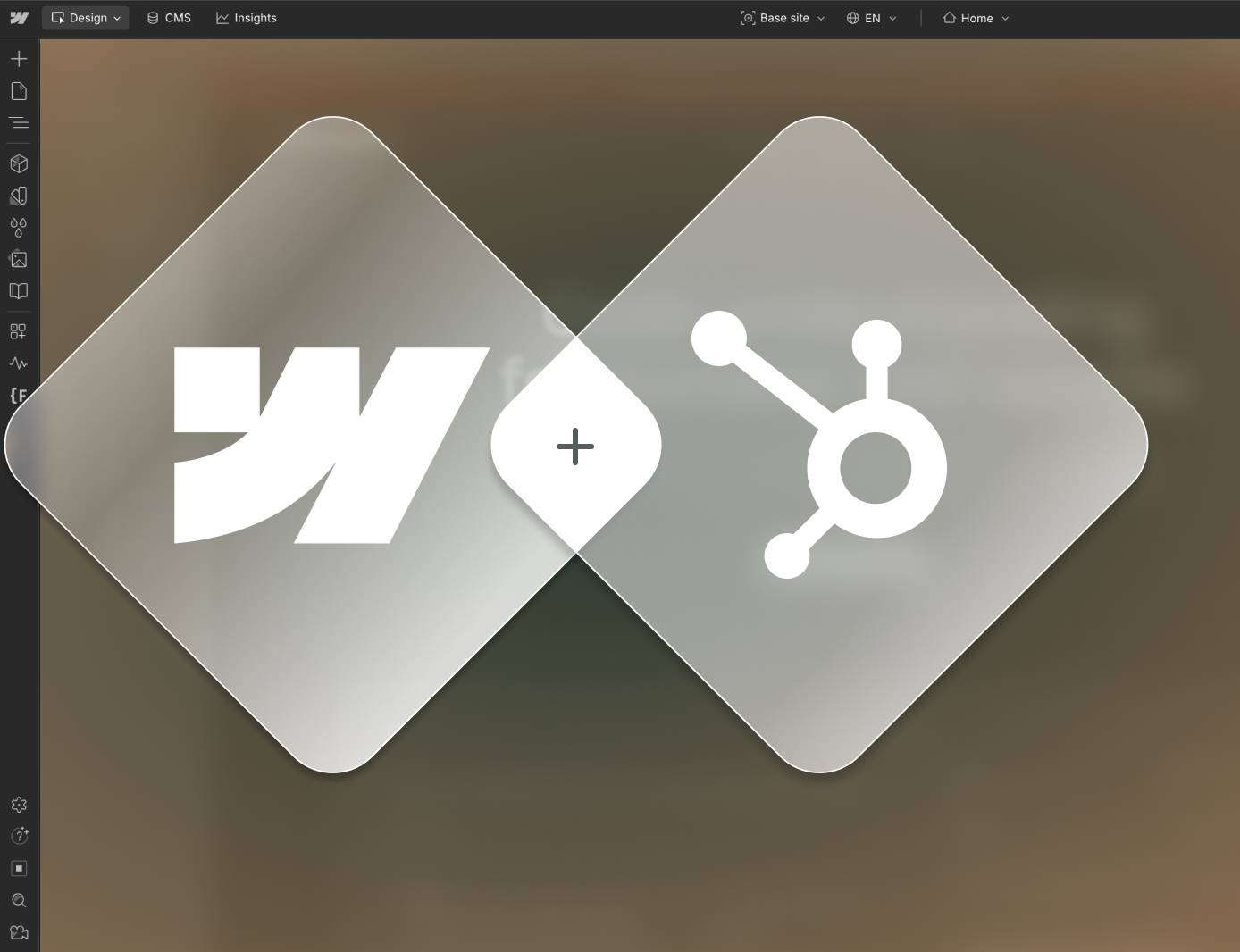 Webflow and HubSpot logos as frosted glass overlapping diamond shapes on a dark background, representing the HubSpot and Webflow integration