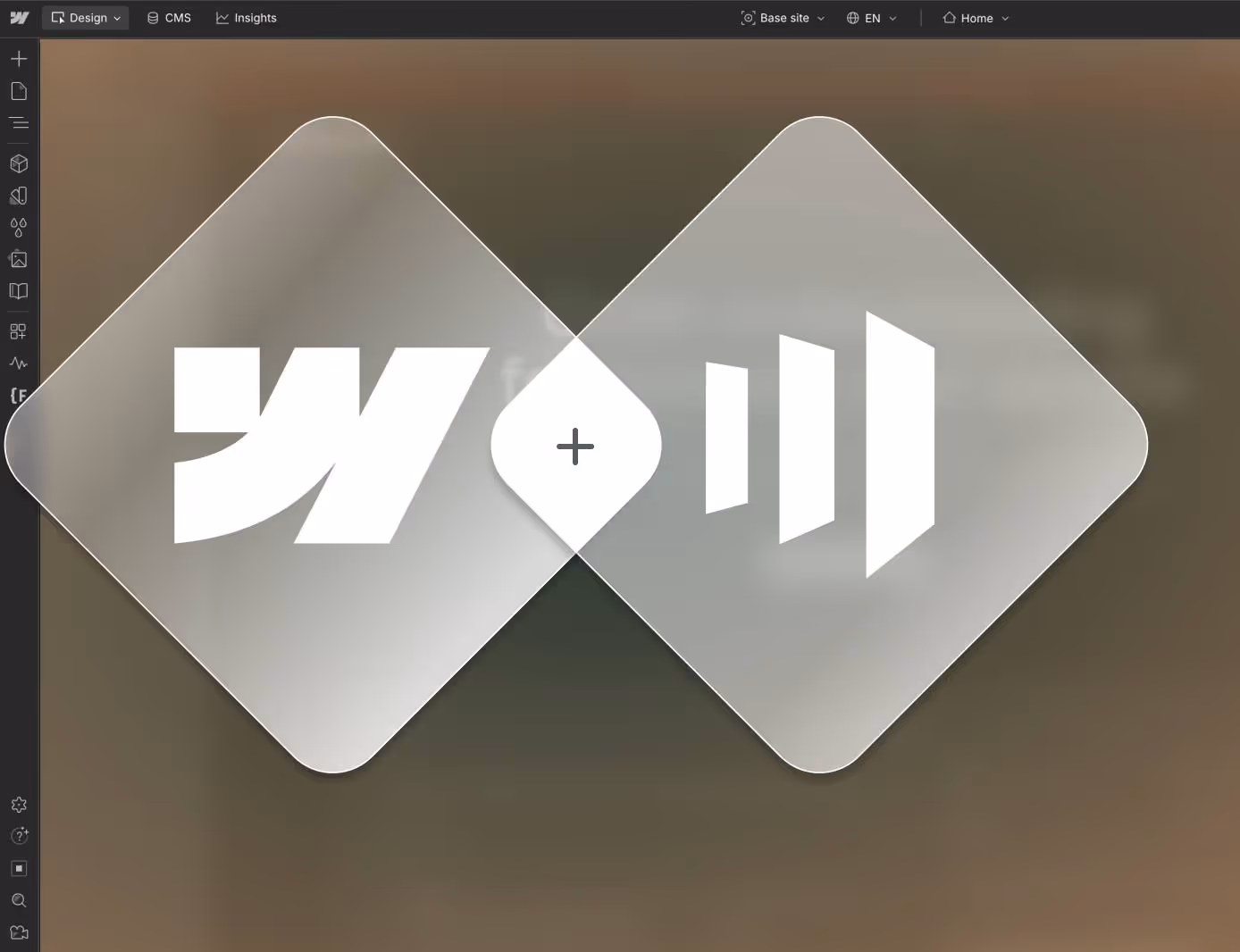 Webflow and Marketo logos as frosted glass overlapping diamond shapes on a dark background, representing the Marketo and Webflow integration