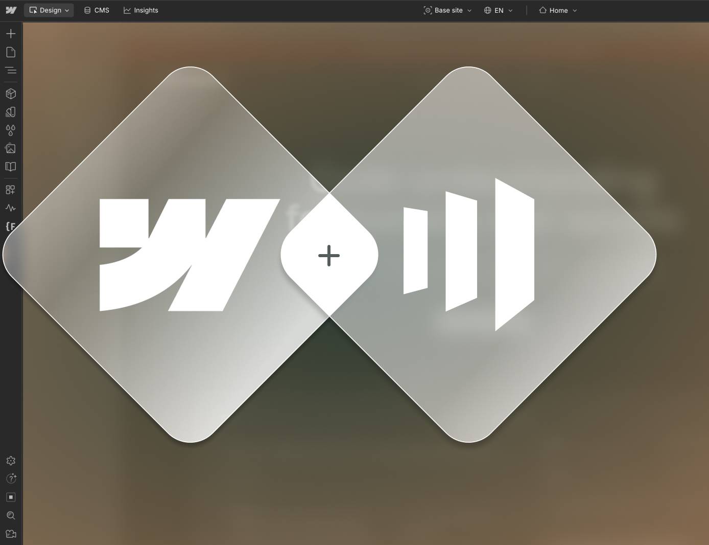 Webflow and Marketo logos as frosted glass overlapping diamond shapes on a dark background, representing the Marketo and Webflow integration