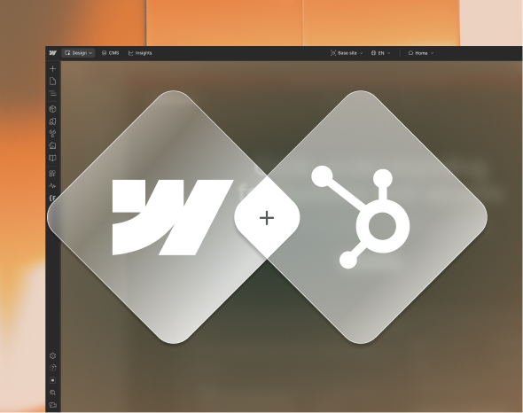 Webflow and HubSpot logos as frosted glass overlapping diamonds on a dark background — mobile view of the HubSpot Webflow integration