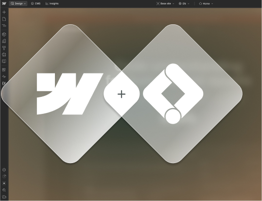 Webflow and Google Tag Manager logos as frosted glass overlapping diamond shapes on a dark background, representing the GTM and Webflow integration
