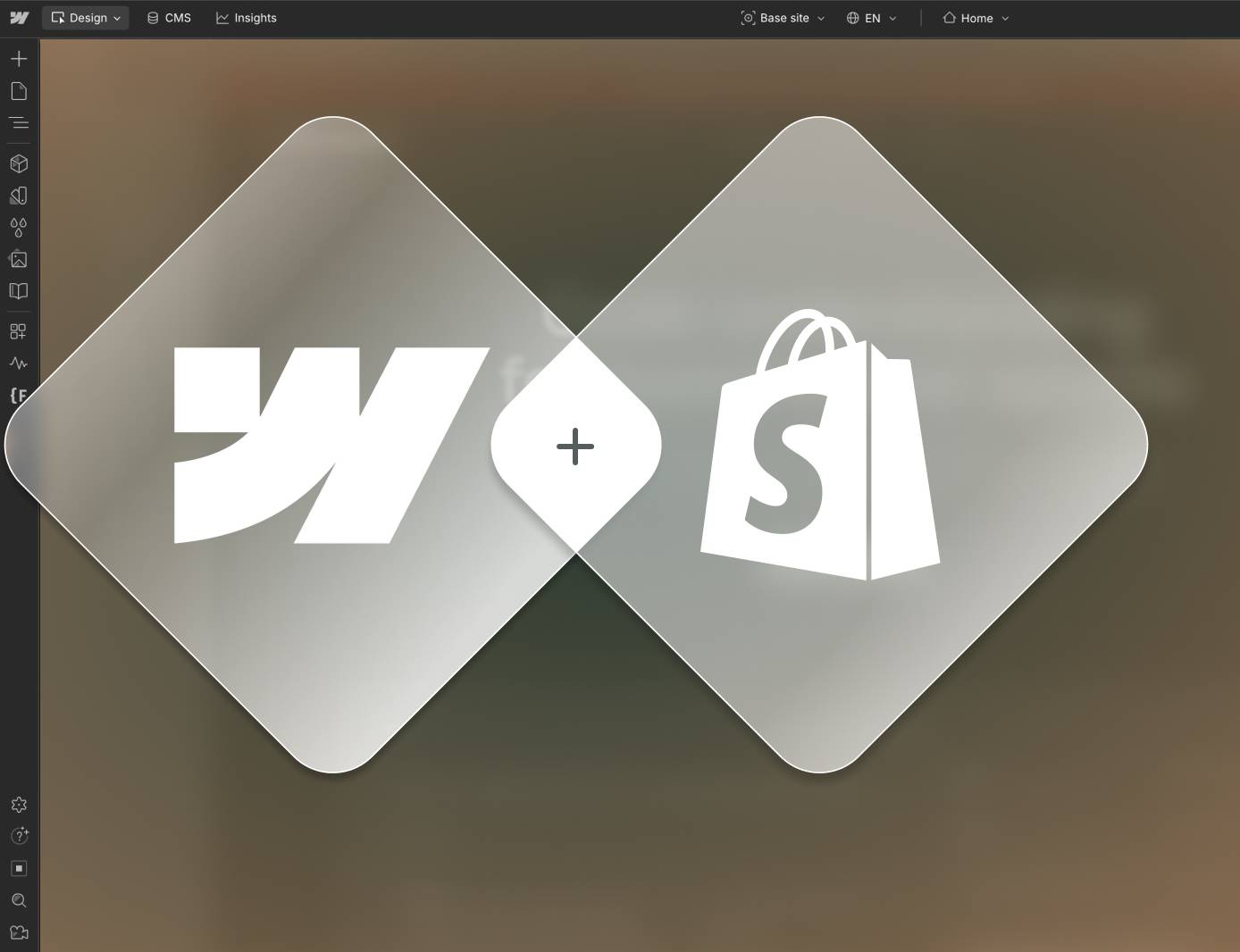 Webflow and Shopify logos as frosted glass overlapping diamond shapes on a dark background, representing the Shopify and Webflow integration