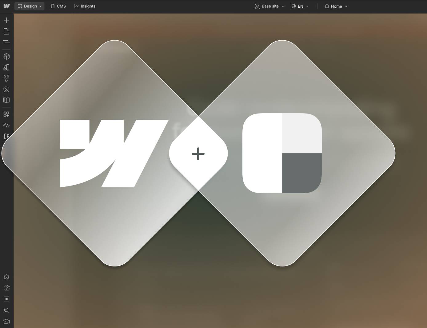 Webflow and Clearbit logos as frosted glass overlapping diamond shapes on a dark background, representing the Clearbit and Webflow integration