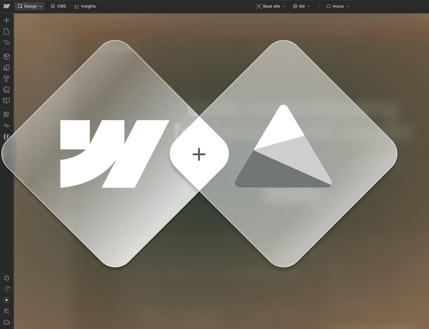Webflow and Microsoft Clarity logos as frosted glass overlapping diamond shapes on a dark background, representing the Microsoft Clarity and Webflow integration