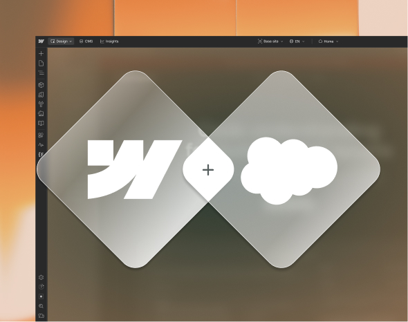 Webflow and Salesforce logos as frosted glass overlapping diamonds on a dark background — mobile view of the Salesforce Webflow integration