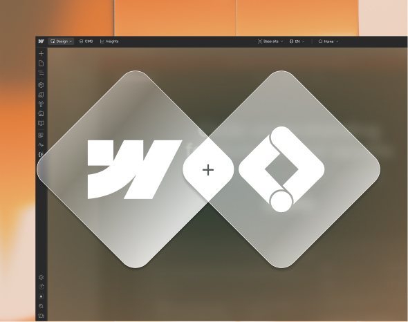 Webflow and Google Tag Manager logos as frosted glass overlapping diamonds on a dark background — mobile view of the GTM Webflow integration