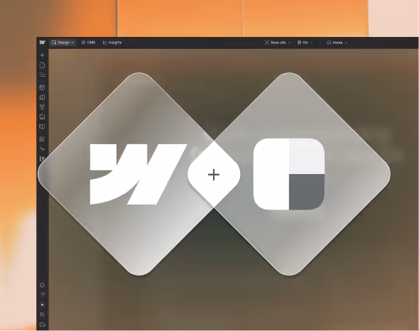 Webflow and Clearbit logos as frosted glass overlapping diamonds on a dark background — mobile view of the Clearbit Webflow integration