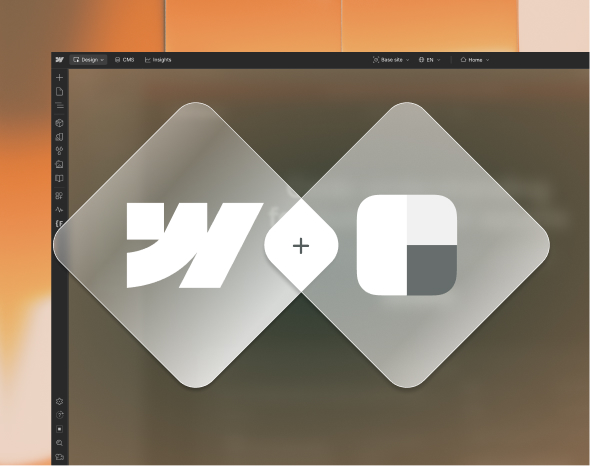 Webflow and Clearbit logos as frosted glass overlapping diamonds on a dark background — mobile view of the Clearbit Webflow integration