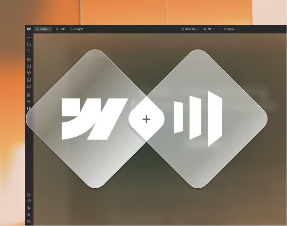 Webflow and Marketo logos as frosted glass overlapping diamonds on a dark background — mobile view of the Marketo Webflow integration
