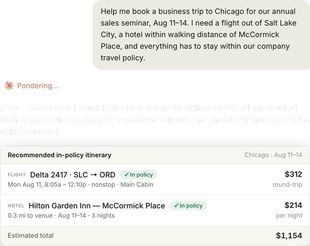 Claude booking a business trip to Chicago: a Delta nonstop from Salt Lake City at $312 round-trip and the Hilton Garden Inn by McCormick Place at $214 a night, both flagged in policy, for an estimated total of $1,154.