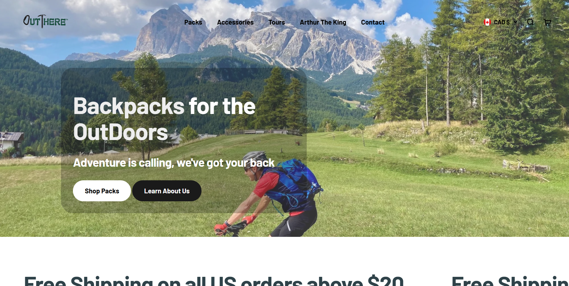 OutThere USA Shopify adventure backpack website homepage