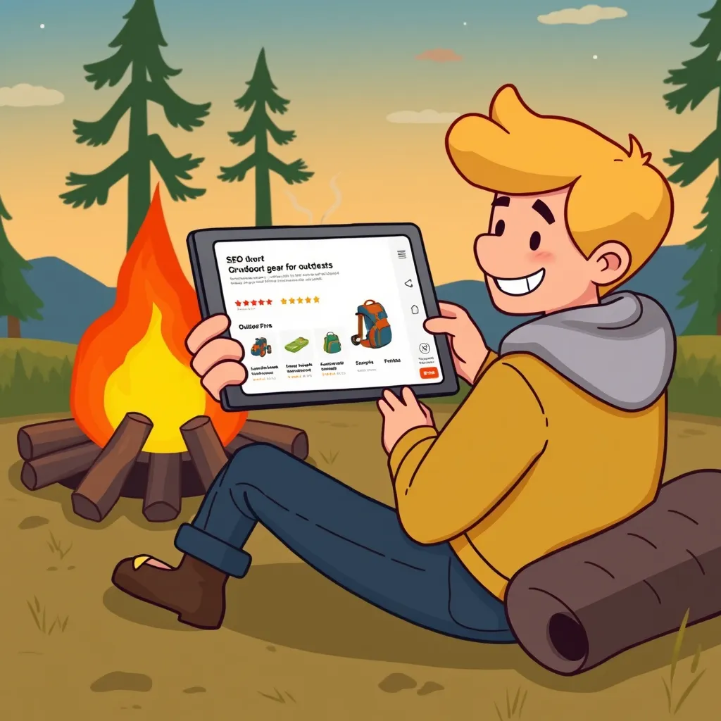 Cartoony flat illustration of a smiling person sitting outdoors at a campfire using a tablet to browse a clean modern Shopify product page for outdoor gear, trust badges and star ratings visible on sc