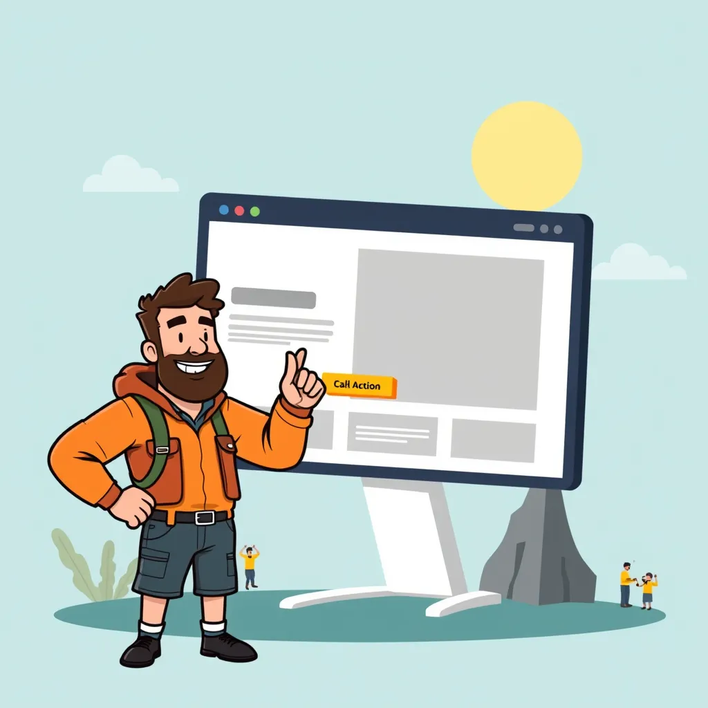 Cartoony flat illustration of a confident outdoor brand founder pointing enthusiastically at a large clean website mockup with a bold call-to-action button, small happy customer figures around the scr