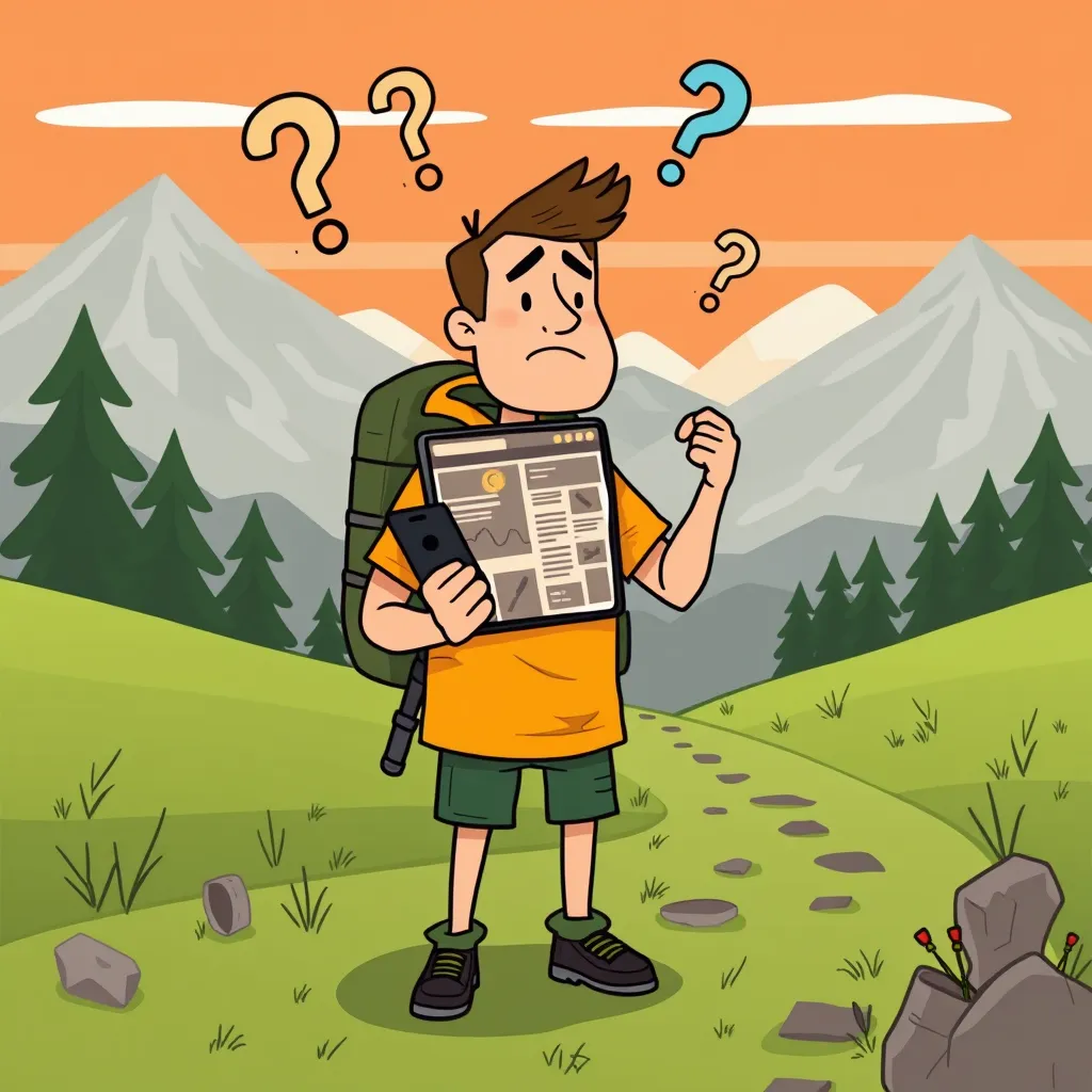 Cartoony flat illustration of a confused hiker standing on a trail holding a phone showing a cluttered messy website with overlapping menus and question marks floating in the air, humorous tone, outdo