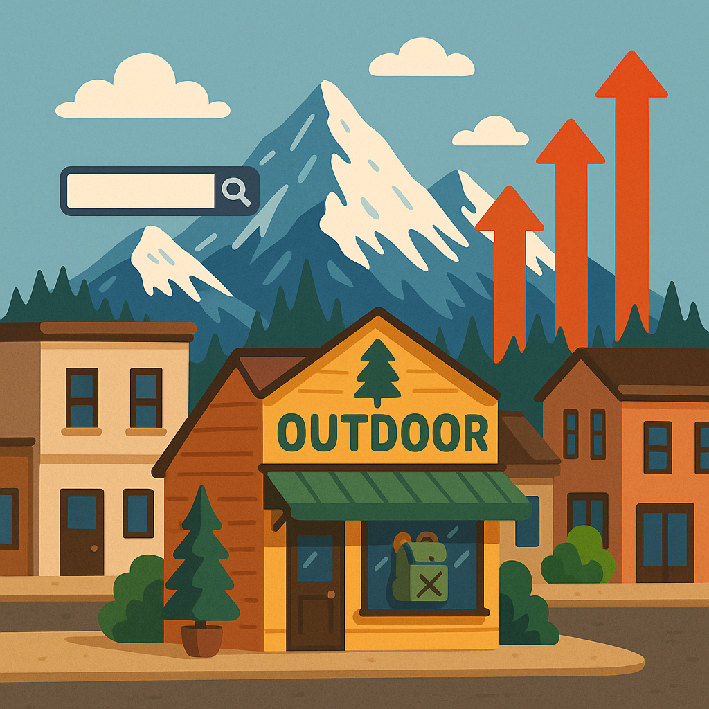 Flat cartoon illustration of a cozy mountain town with a small outdoor gear shop on the main street, search engine ranking arrows pointing upward beside it, Colorado-style snowy peaks in the backgroun