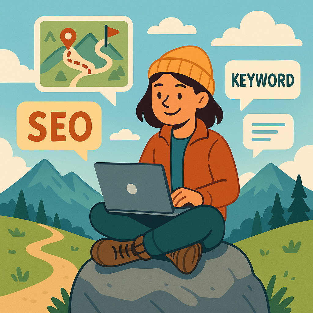Cartoon-style illustration of a smiling person sitting cross-legged on a boulder, working on a laptop, with mountain trail maps and keyword speech bubbles floating in the air around them, bright outdo