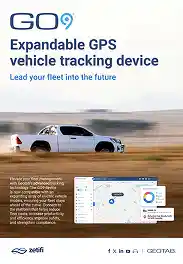 White pickup truck driving on a dirt road with an overlay showing GPS tracking device interface and a tagline about expandable GPS vehicle tracking.