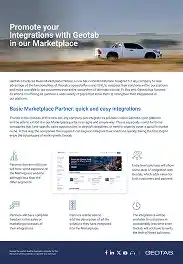 Brochure page showing a white car driving on a road with text promoting Geotab integrations and listing benefits and features with screenshots of software interfaces.