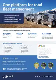 Brochure showing fleet management solution with a row of white semi trucks and key features such as regulatory compliance and GPS tracking, featuring Zetifi and Geotab logos.