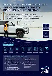 Advertisement showing a man in safety vest walking beside a white van, promoting a fleet safety assessment service with twelve clear driver safety insights in 30 days for $399.