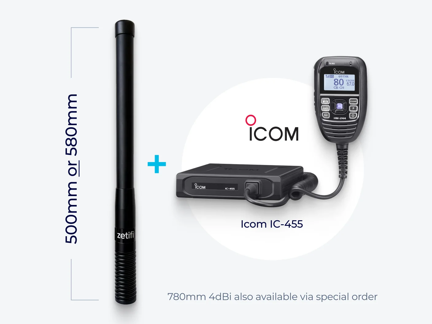 Zetifi antenna measuring 500mm or 580mm shown next to an Icom IC-455 radio transceiver and microphone.