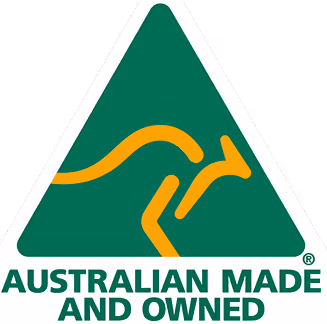 Australian Made and Owned logo featuring a stylized orange kangaroo inside a green triangle.