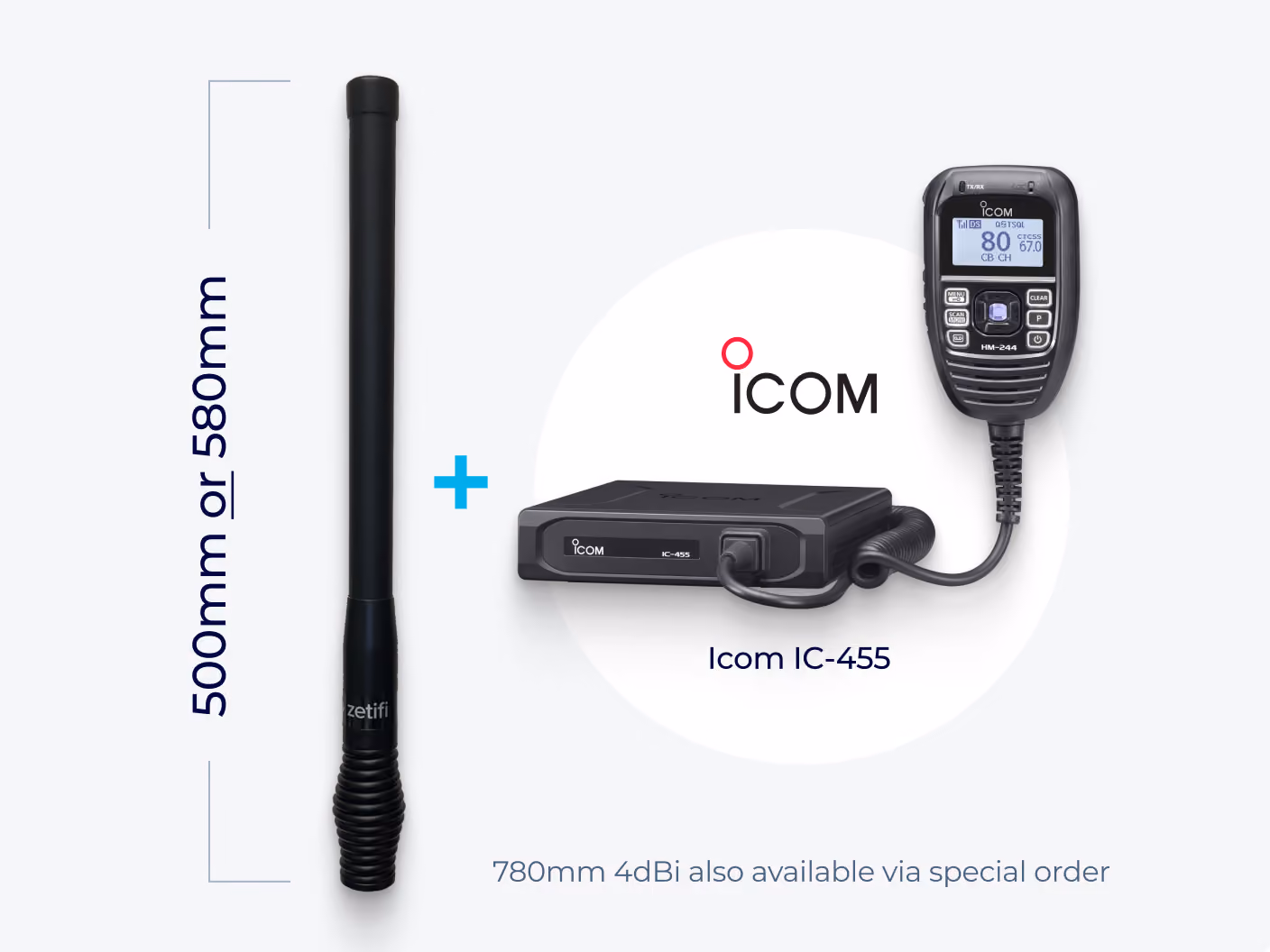 Zetifi antenna measuring 500mm or 580mm shown next to an Icom IC-455 radio transceiver and microphone.