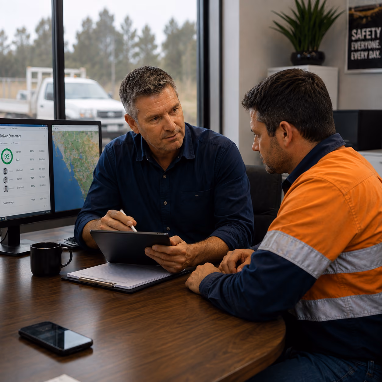 coaching meeting between safety manager and fleet driver