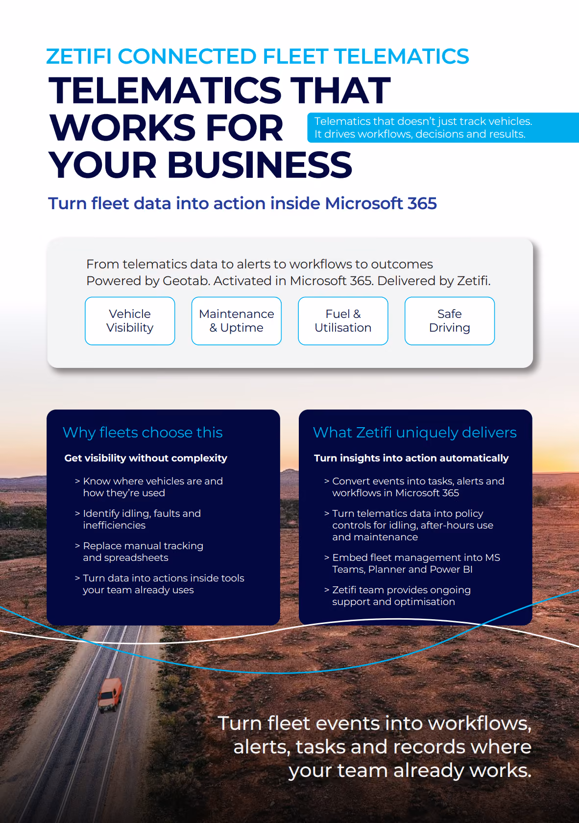 Brochure showing fleet management solution with a row of white semi trucks and key features such as regulatory compliance and GPS tracking, featuring Zetifi and Geotab logos.