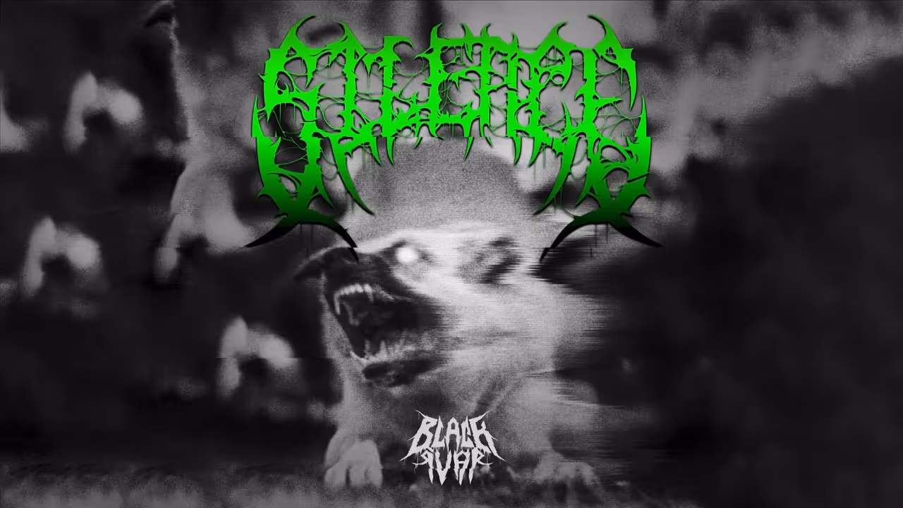 Black and white blurred image of an aggressive dog with bared teeth and glowing eyes, with green spiky text above and jagged white text below.
