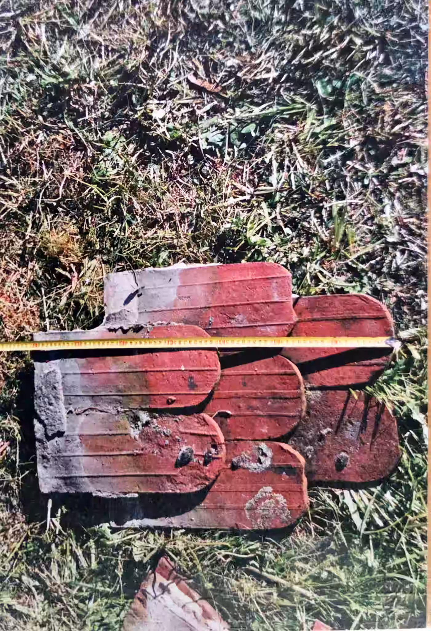 Fragmenty historycznej dachówki z Dworu Łowczego w Sztynorcie ułożone na trawie, z miarką pomiarową.