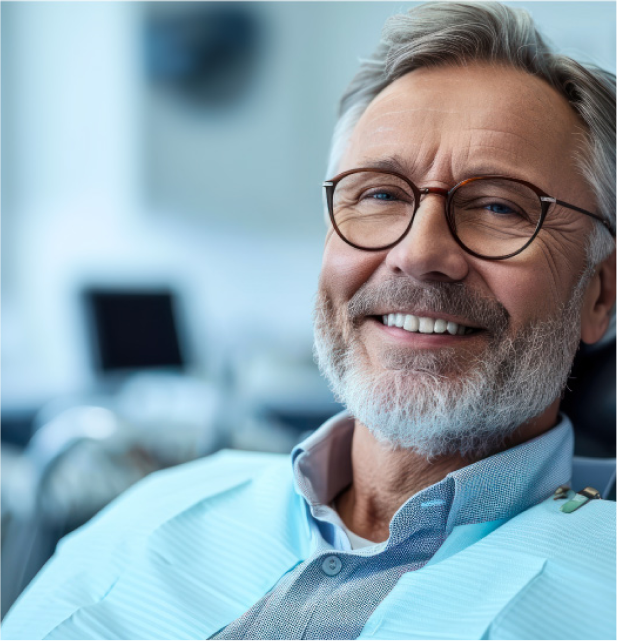 Smiling older man with glasses in dental chair after successful treatment at iHeart Smiles clinic in Tweed Heads