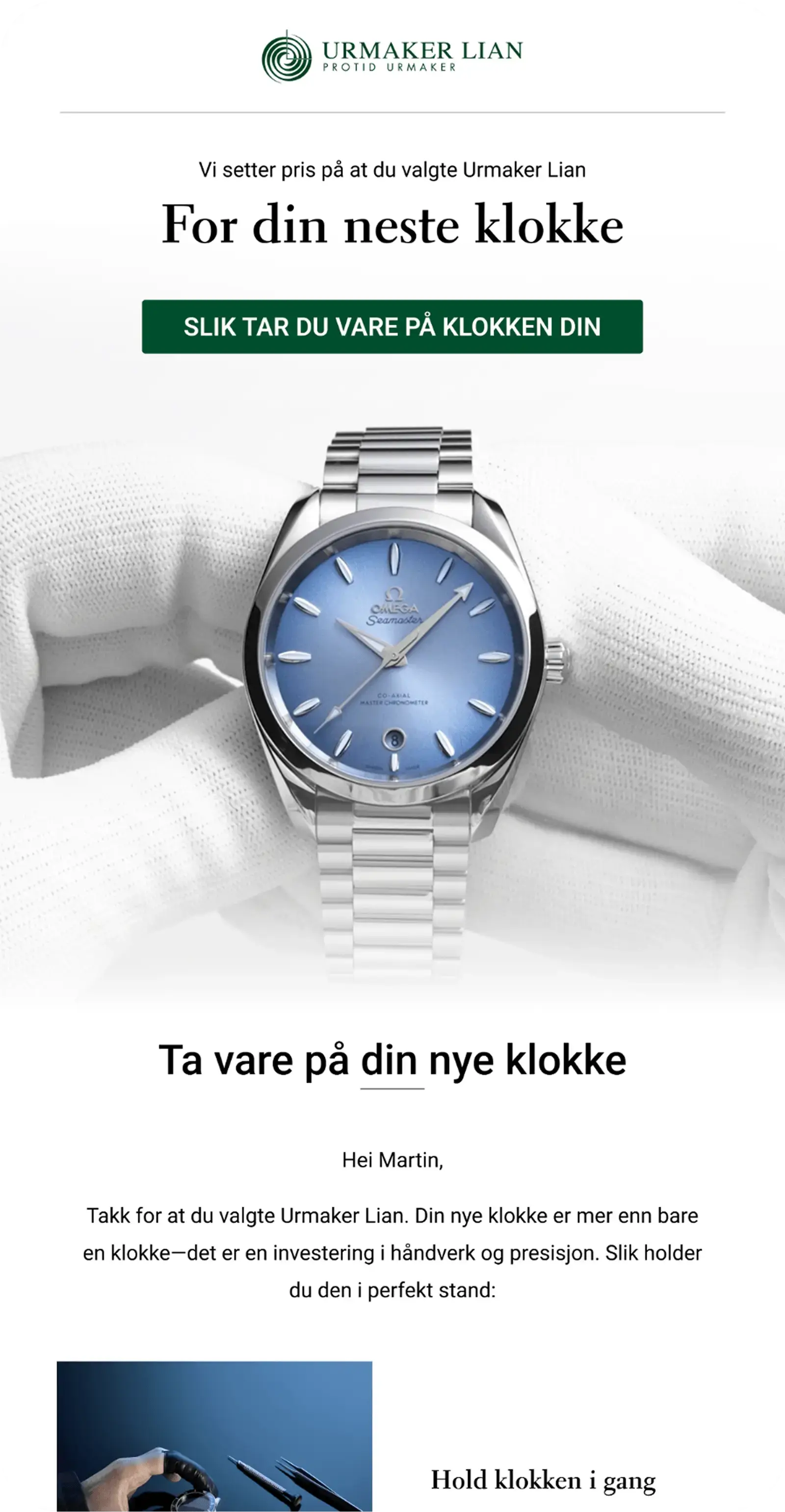 Takk for kjøpet e-post for Urmaker Lian