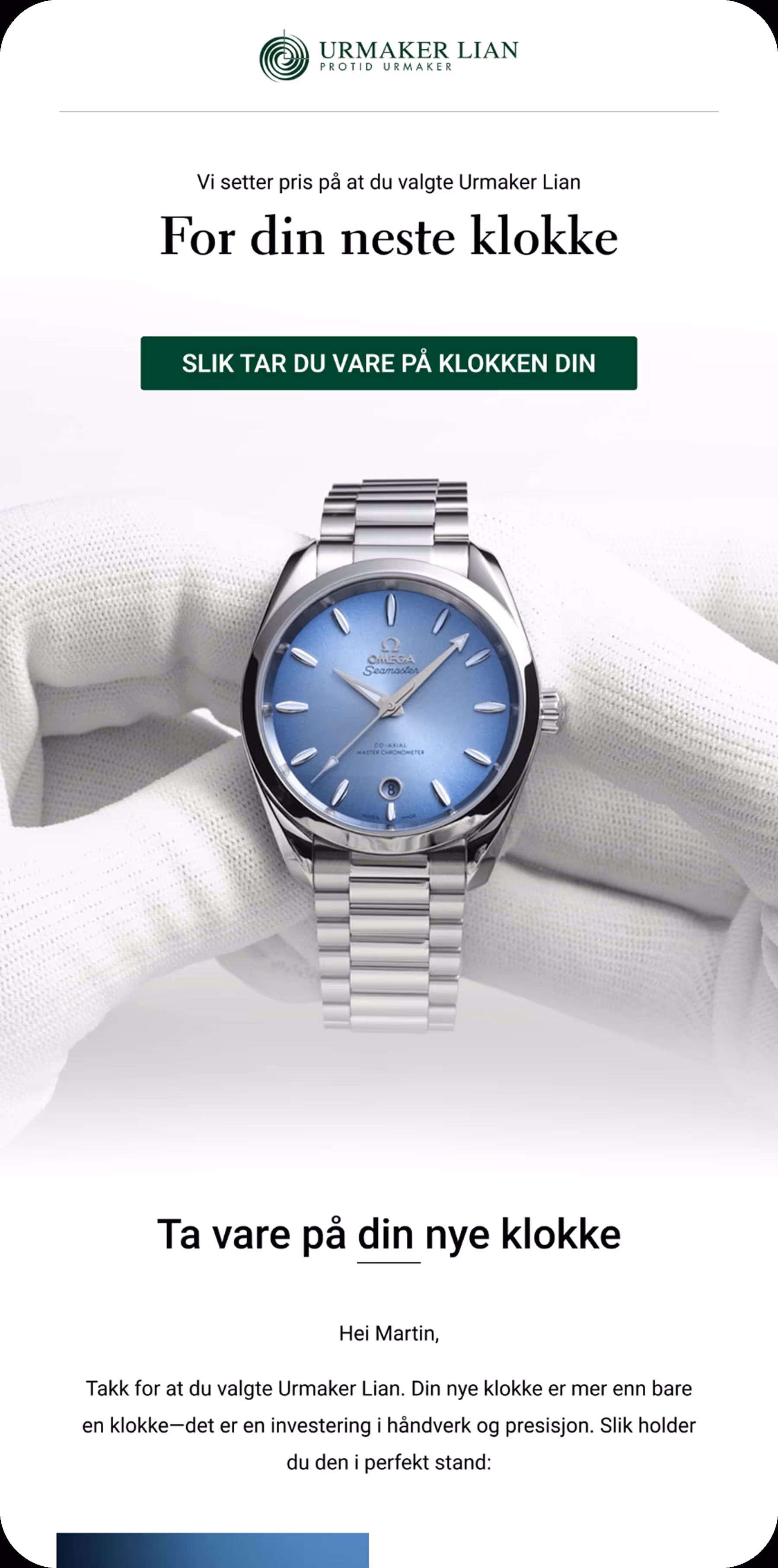 Takk for kjøpet e-post for Urmaker Lian