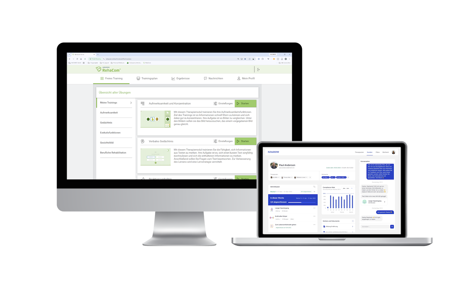 RehaCom Online und Flowzone auf Desktop und Laptop