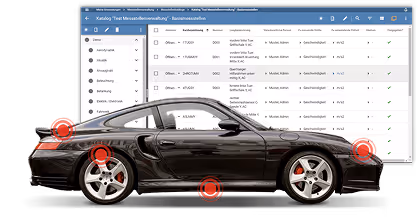 Black sports car side view with red target markers on front bumper, rear bumper, rear wheel, and center undercarriage, overlaid on a software interface background.