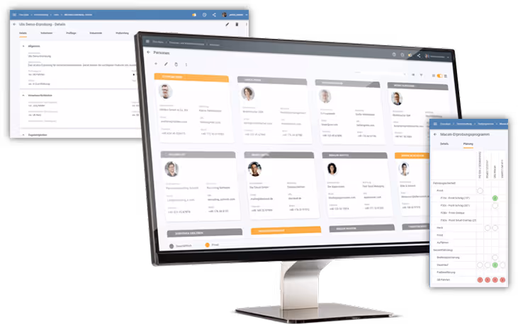 Computer monitor displaying a personnel management and testing software interface with employee profiles and test result tables.