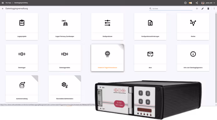 Software interface for datalogging management showing icons for logger projects, vehicle assignments, configurations, data loggers, subscriptions, and more, with an image of a black and silver data logger device at the bottom right.