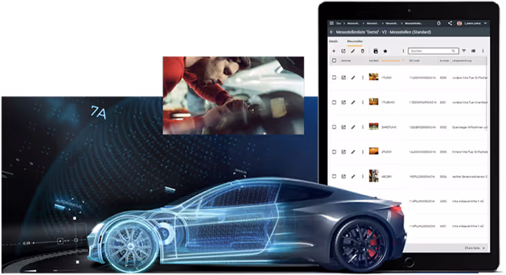 Composite image showing a digital wireframe of a sports car, a mechanic working under a car hood, and a tablet displaying a measurement data list in German.